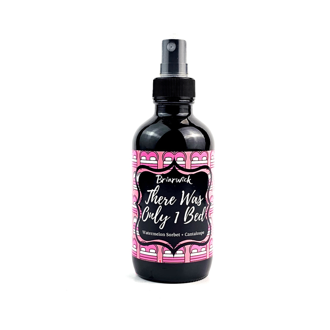 There Was Only 1 Bed 4oz Linen Spray with pink bed design on a white background