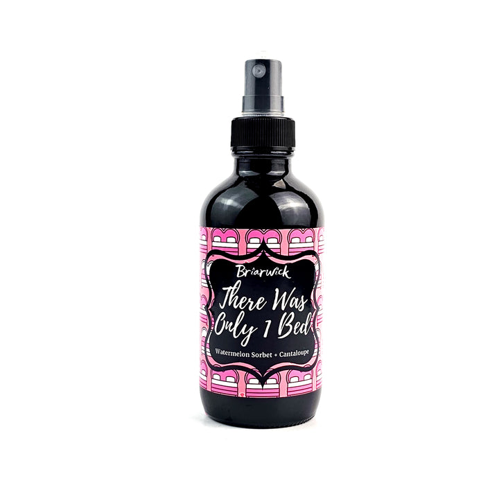 There Was Only 1 Bed 4oz Linen Spray with pink bed design on a white background