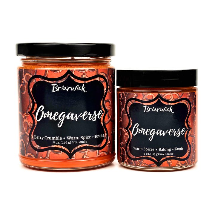 Omegaverse 8oz & 4oz saffron candles with an orange rope design on a white background
