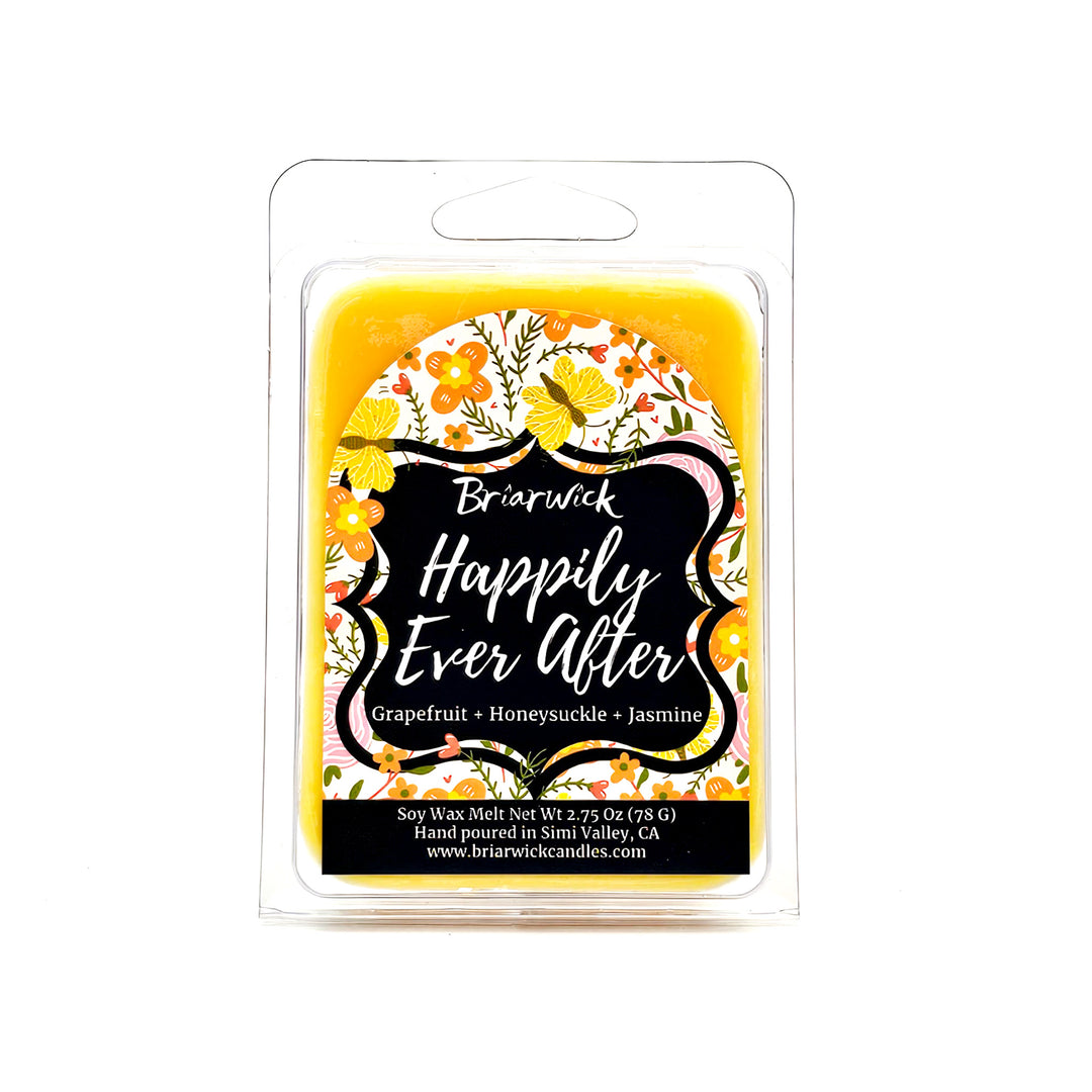 Happily Ever After 2oz dandelion yellow Wax Melt with floral design on a white background