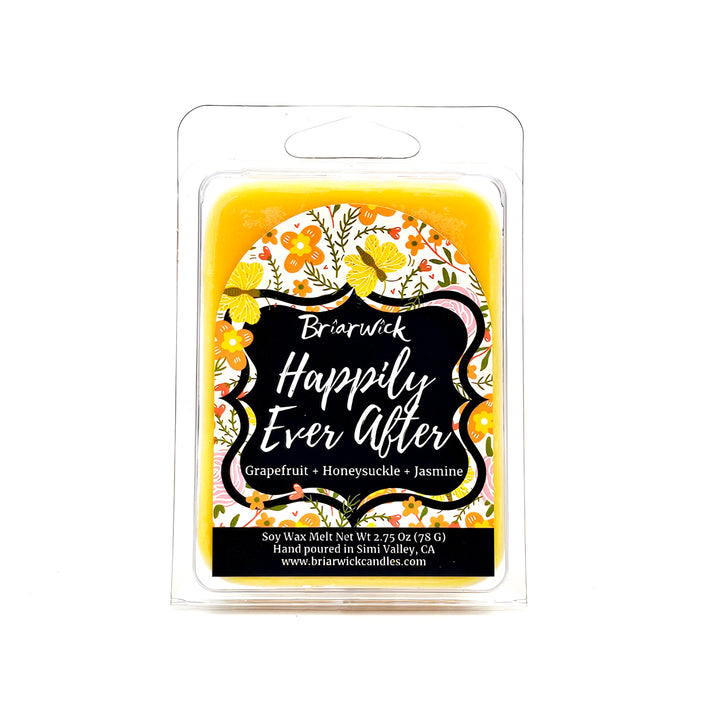 Happily Ever After 2oz dandelion yellow Wax Melt with floral design on a white background