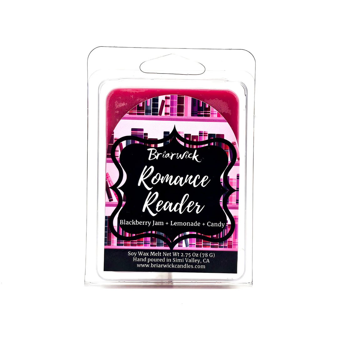 Romance Reader 2oz fuchsia Wax Melt with pink bookshelf design on a white background