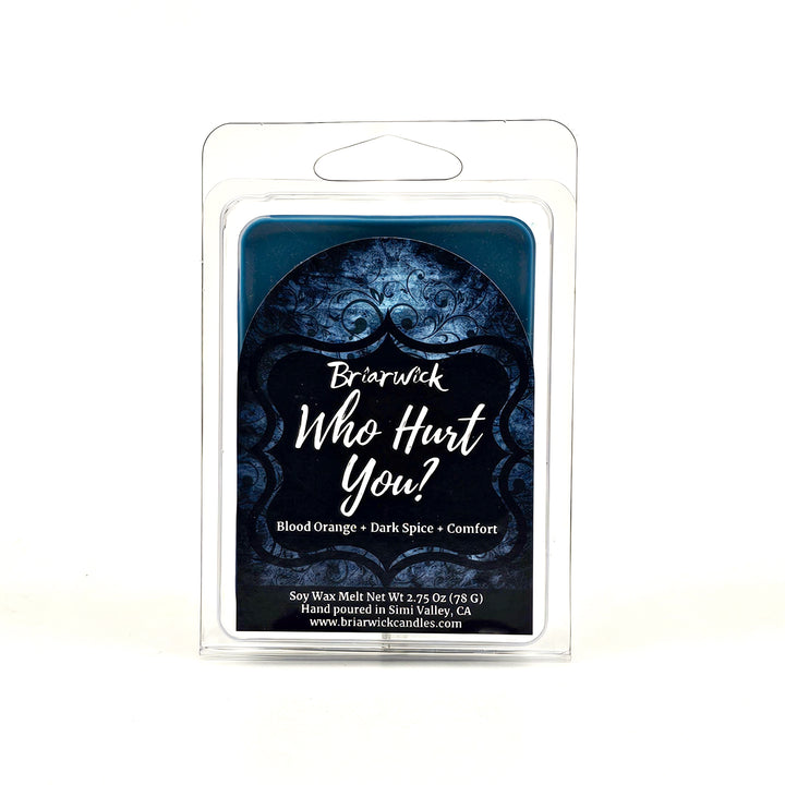 Who Hurt You? 2oz dark teal Wax Melt with blue ornamental design on a white background