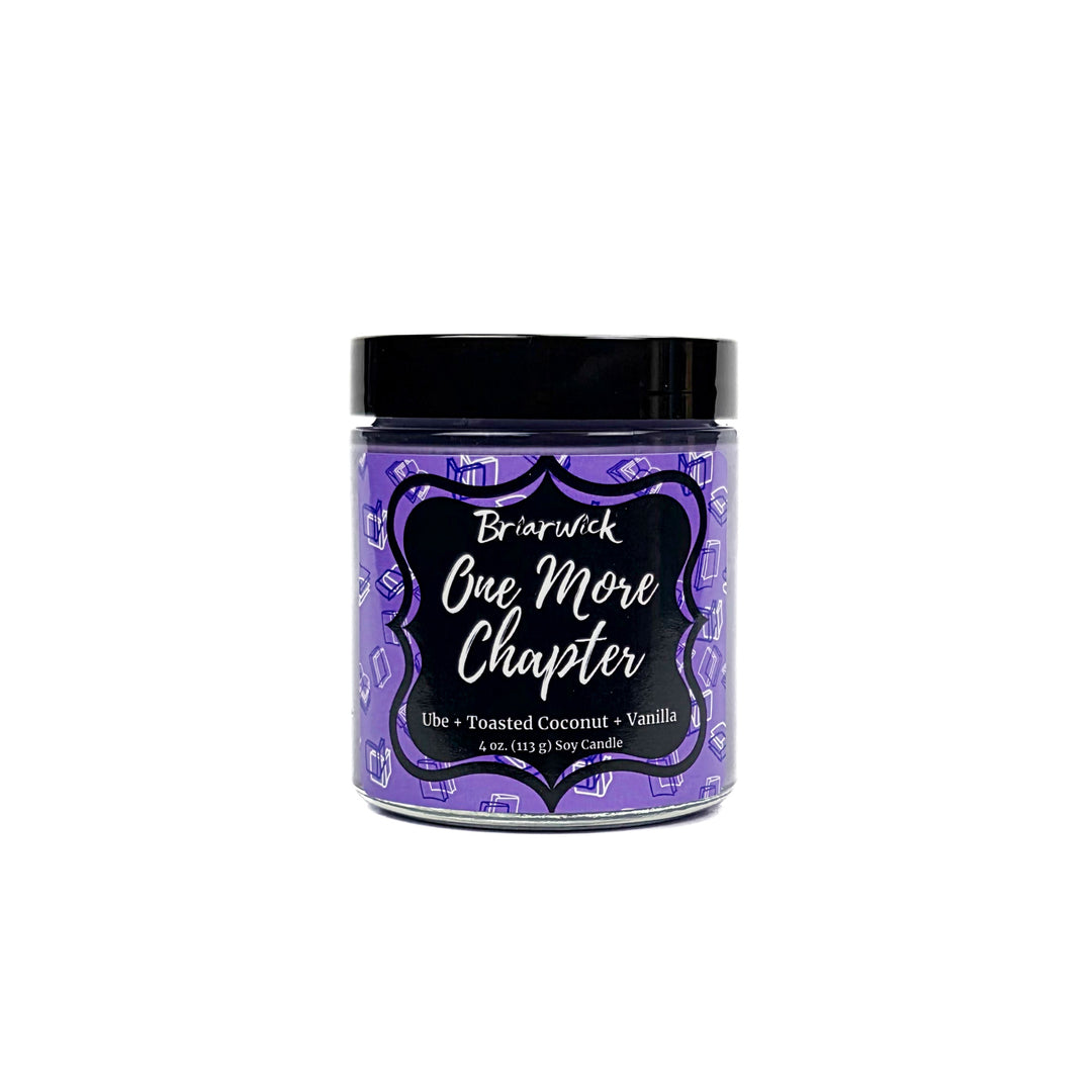 One More Chapter 4oz lavender candle with purple book design on a white background