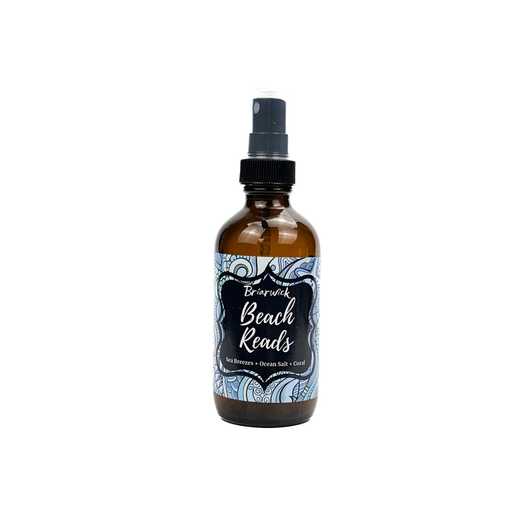 Beach Reads 4oz Linen Spray with blue ornamental design on a white background
