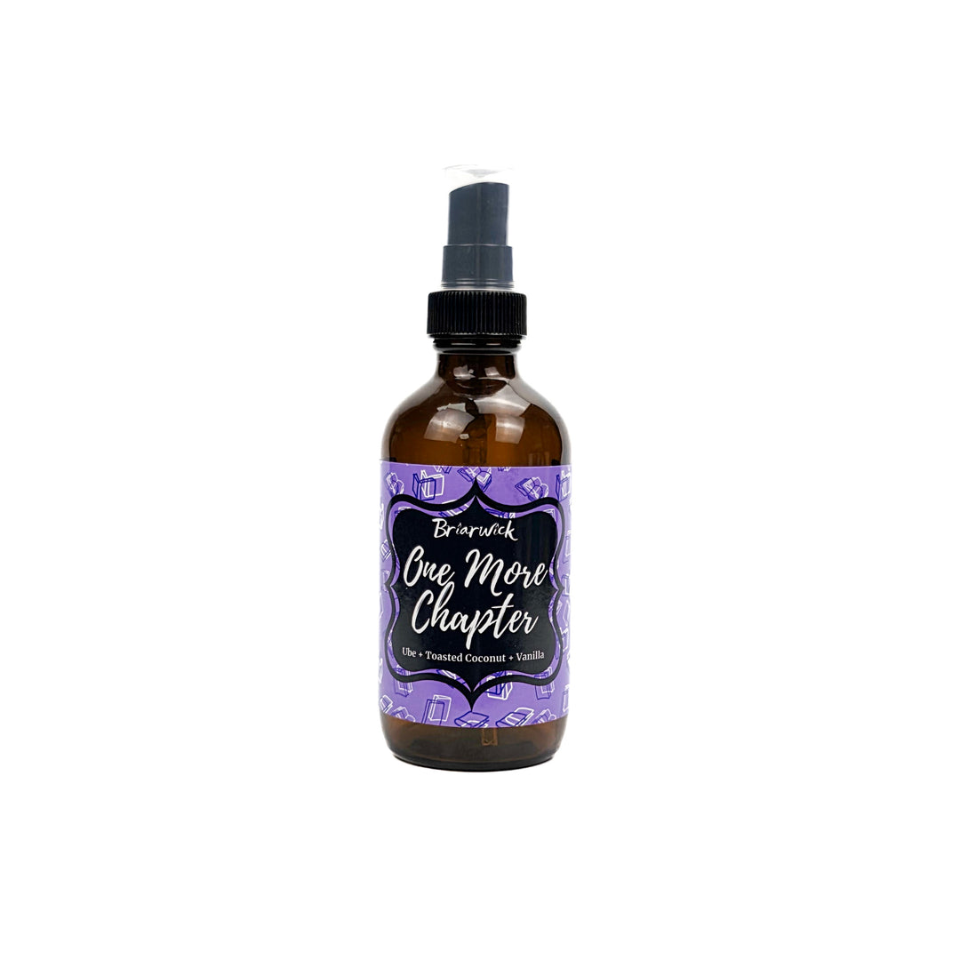 One More Chapter 4oz Linen Spray with purple book design on a white background