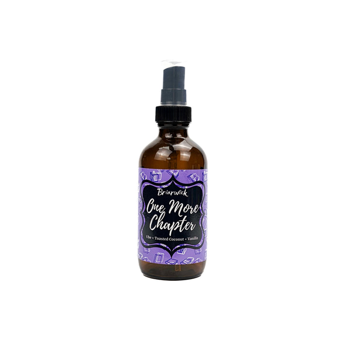 One More Chapter 4oz Linen Spray with purple book design on a white background