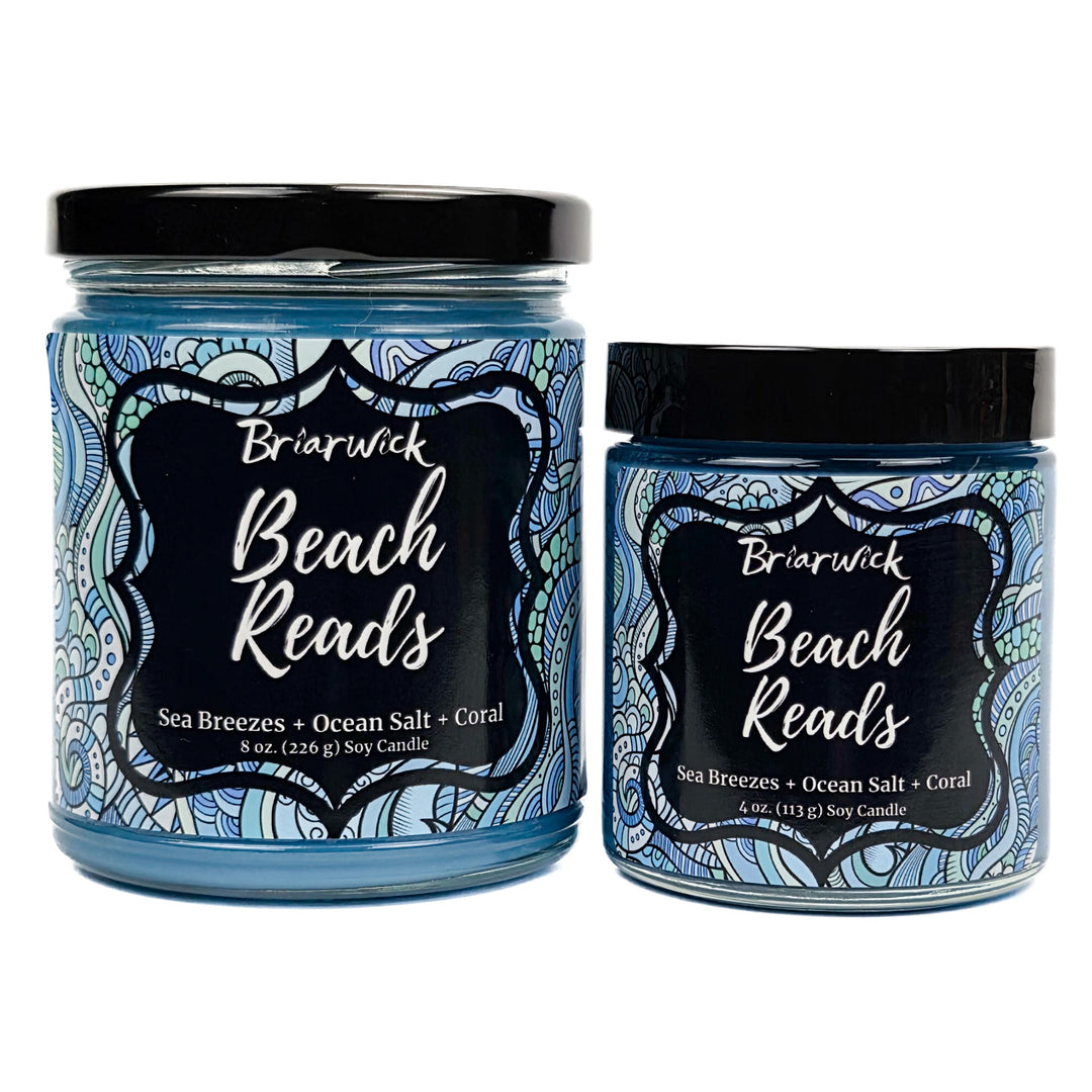 Beach Reads 8oz & 4oz pastel blue candles with blue ornamental designs on a white background