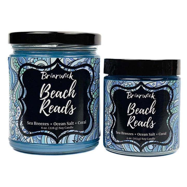 Beach Reads 8oz & 4oz pastel blue candles with blue ornamental designs on a white background