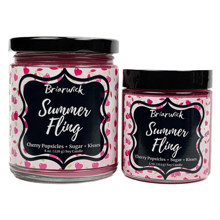 Summer Fling 8oz & 4oz pastel pink candles with heart pattern designs on a white background