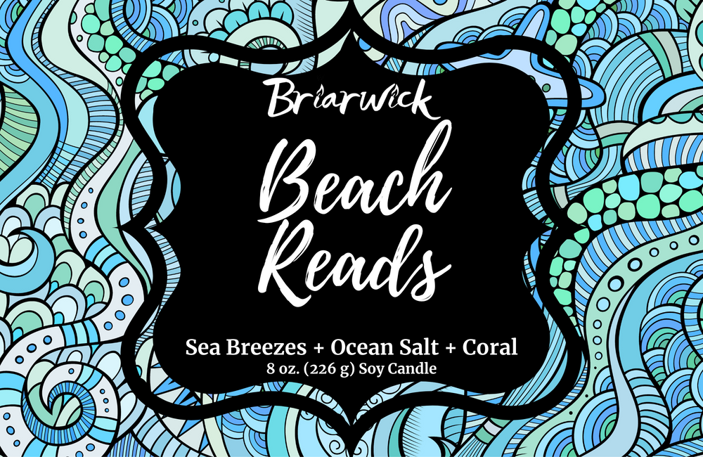 Beach Reads label with blue ornamental design
