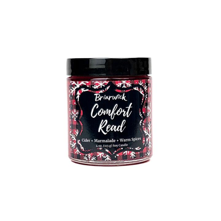 Comfort Read 4oz Linen Spray with red flannel and white snowflake design on a white background