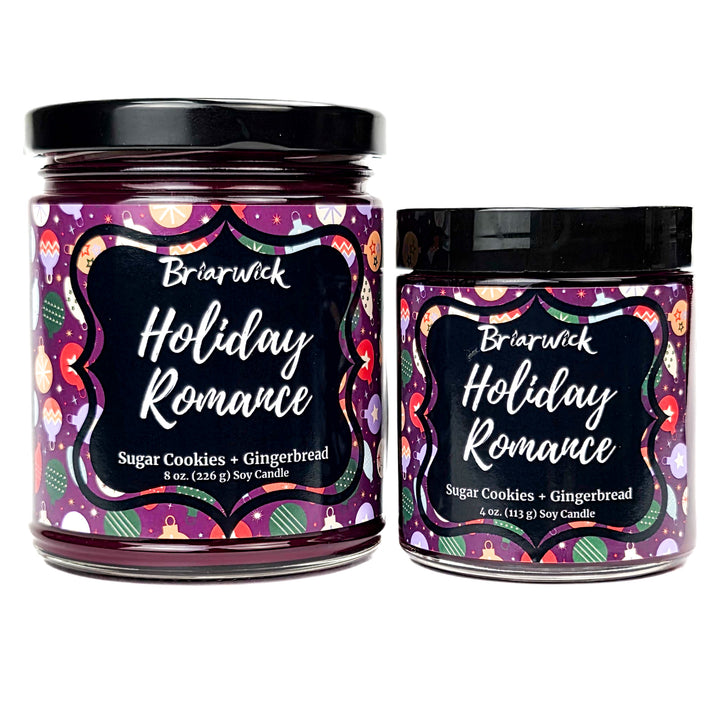 Holiday Romance 8oz and 4oz colored candle with purple background and colorful ornament design on a white background