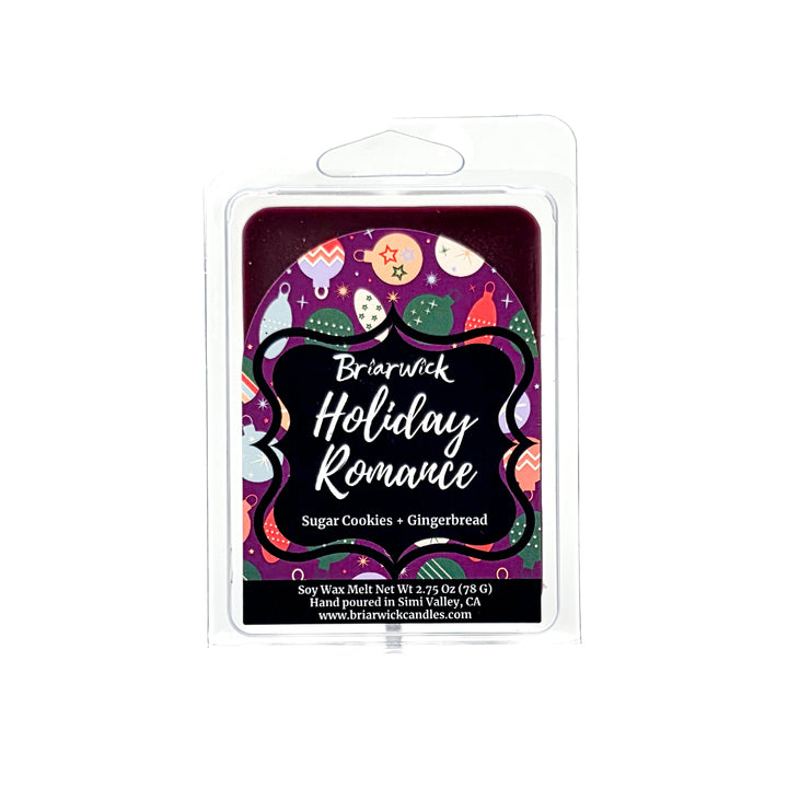 Holiday Romance 2oz colored Wax Melt package with purple background and colorful ornament design on a white background
