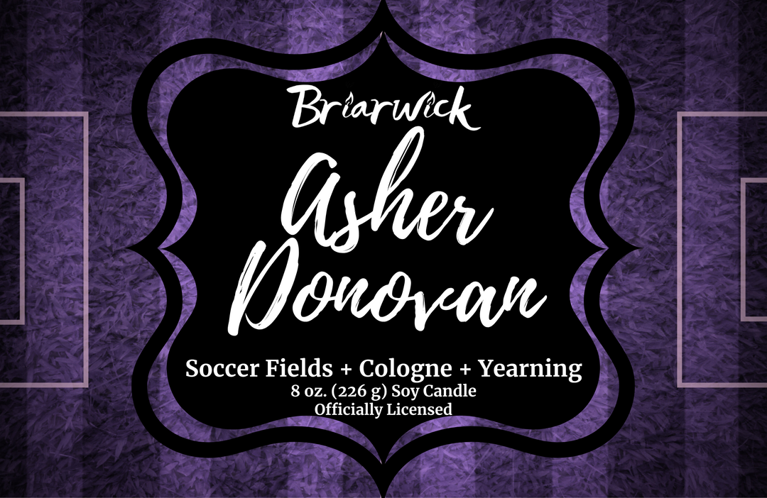 Asher Donovan label with purple striped design