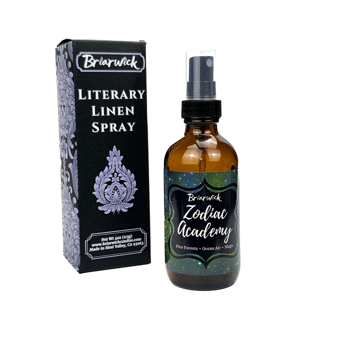 Zodiac Academy 4oz pine green linen spray with green galaxy star chart design on a white background