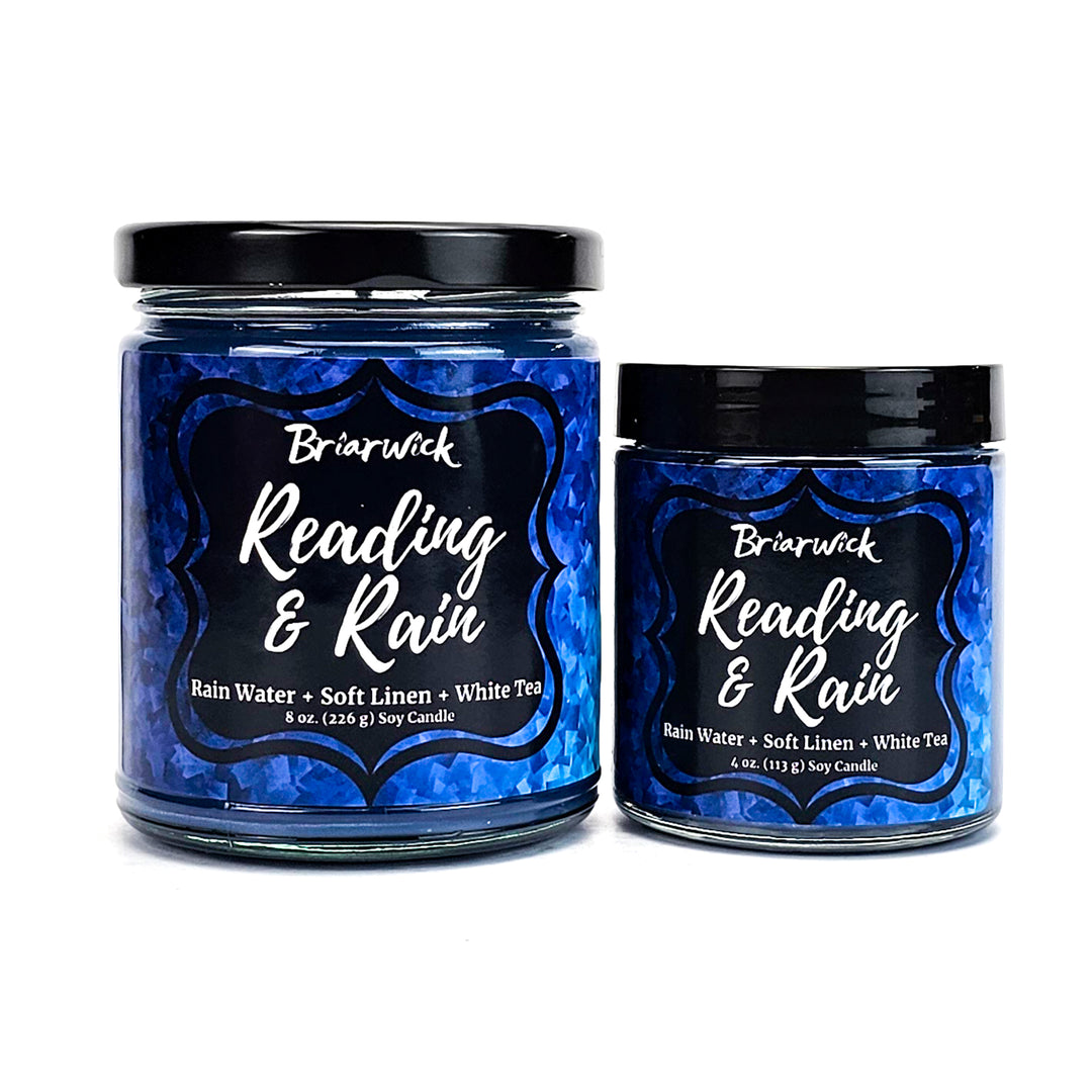 two jars of reading and rain with labels on them
