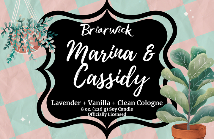 Marina & Cassidy candle label with pink/blue checker design
