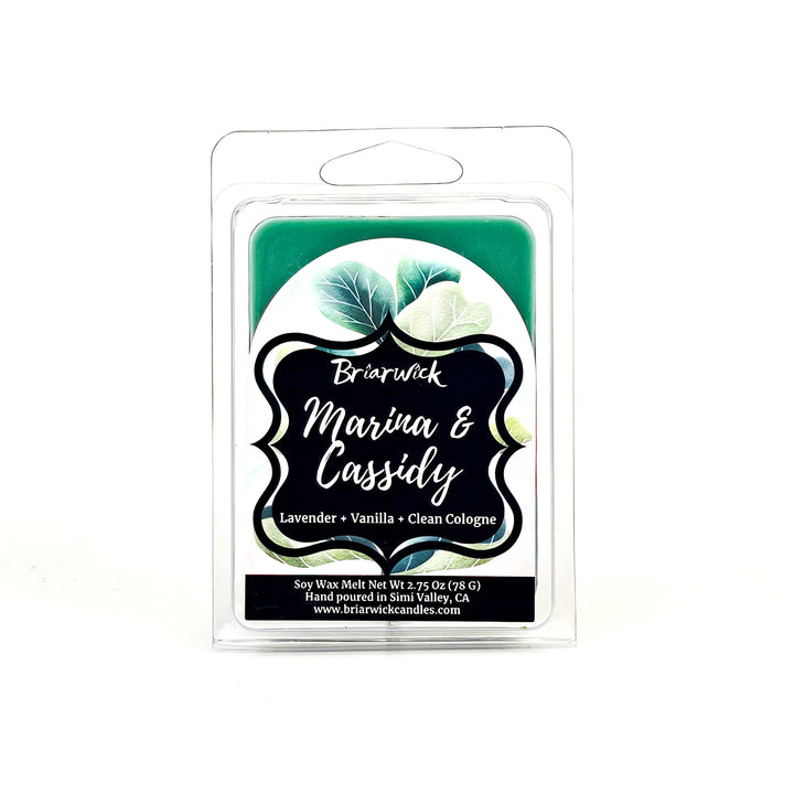 Marina & Cassidy 2oz blue green Wax Melt with pink/blue checker design on a white background