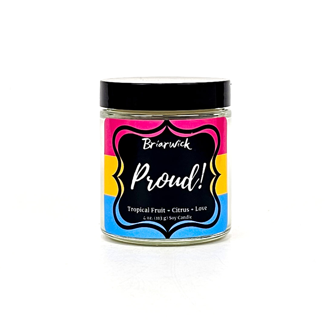PROUD! 4oz white candle with pansexual pride flag on a white background