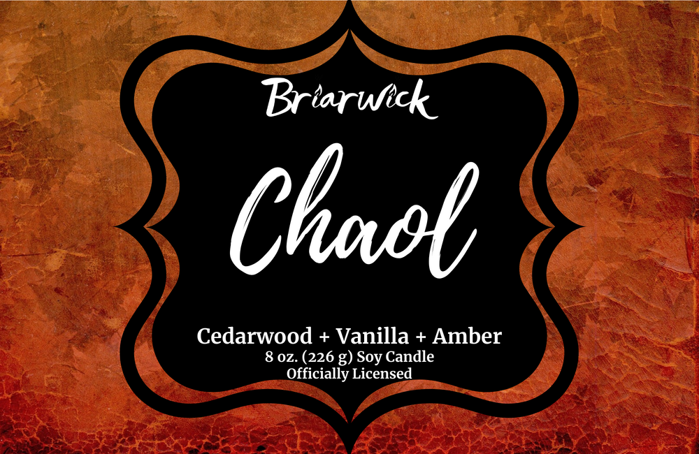 Chaol label with orange textured design on a white background