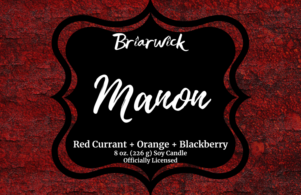 Manon label with red textured design