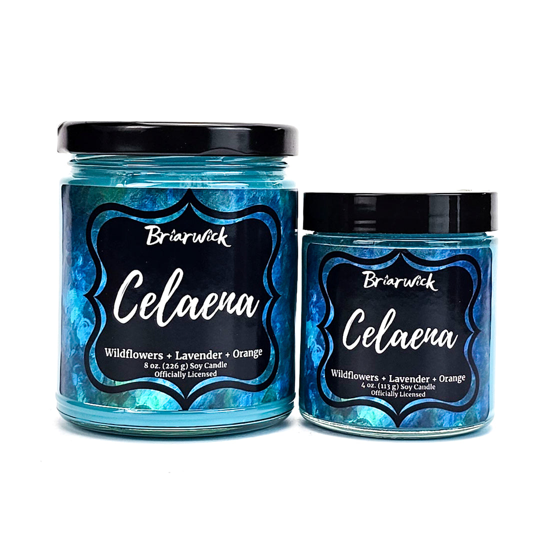 Celaena 8oz & 4oz teal candles with blue textured designs on a white background