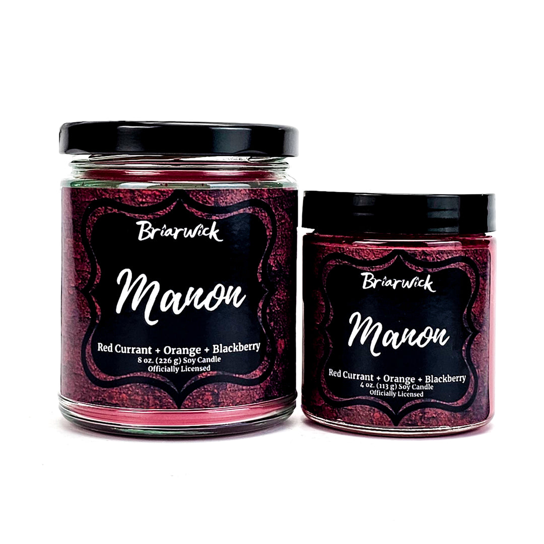 Manon 8oz & 4oz scarlet candles with red textured designs on a white background