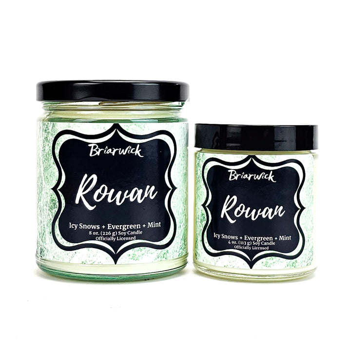 Rowan 8oz & 4oz white candles with white textured designs on a white background