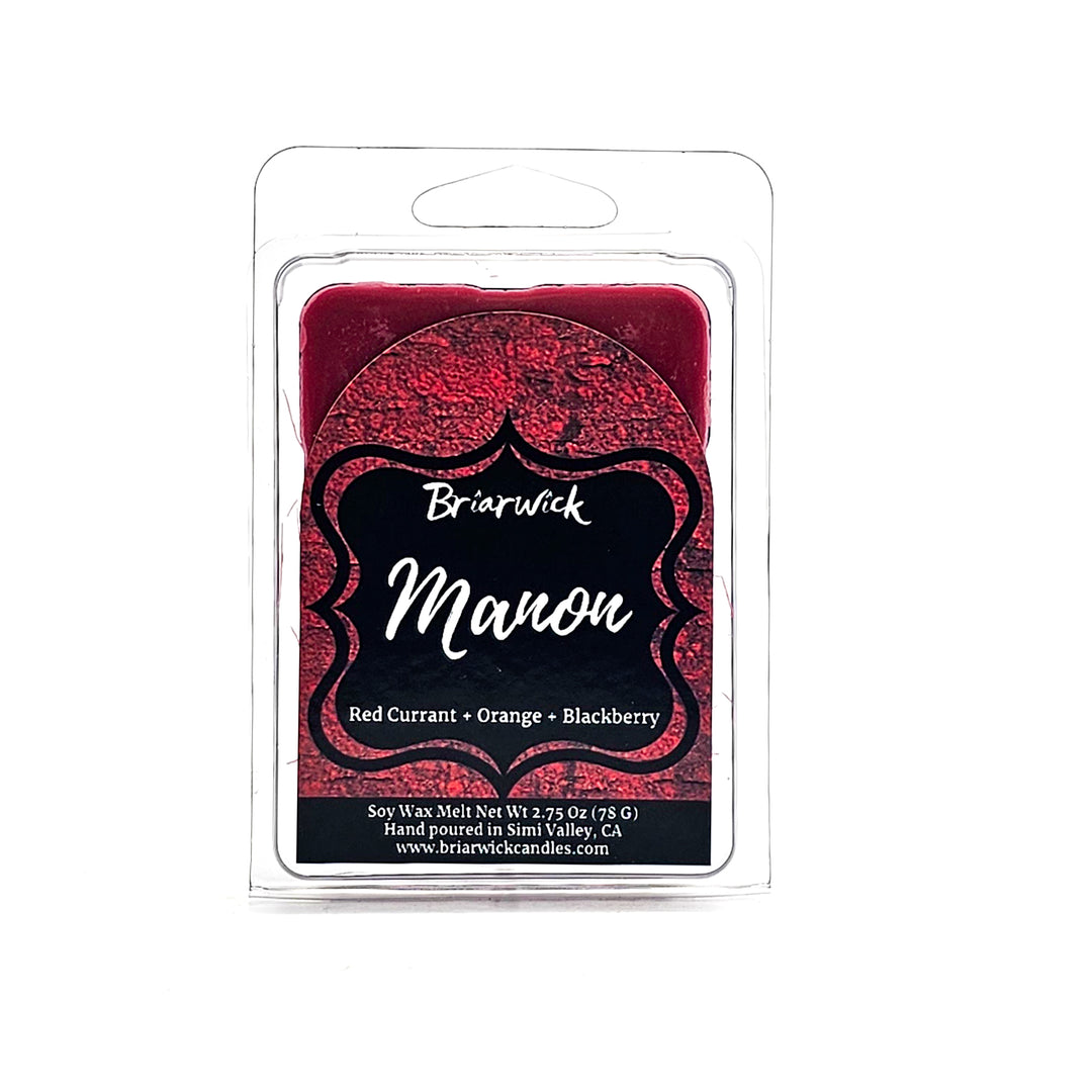 Manon 2oz scarlet Wax Melt with red textured design on a white background