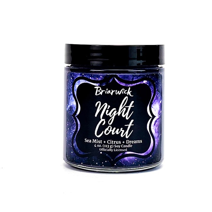 Night Court 4oz gray candle with gray galaxy design on a white background