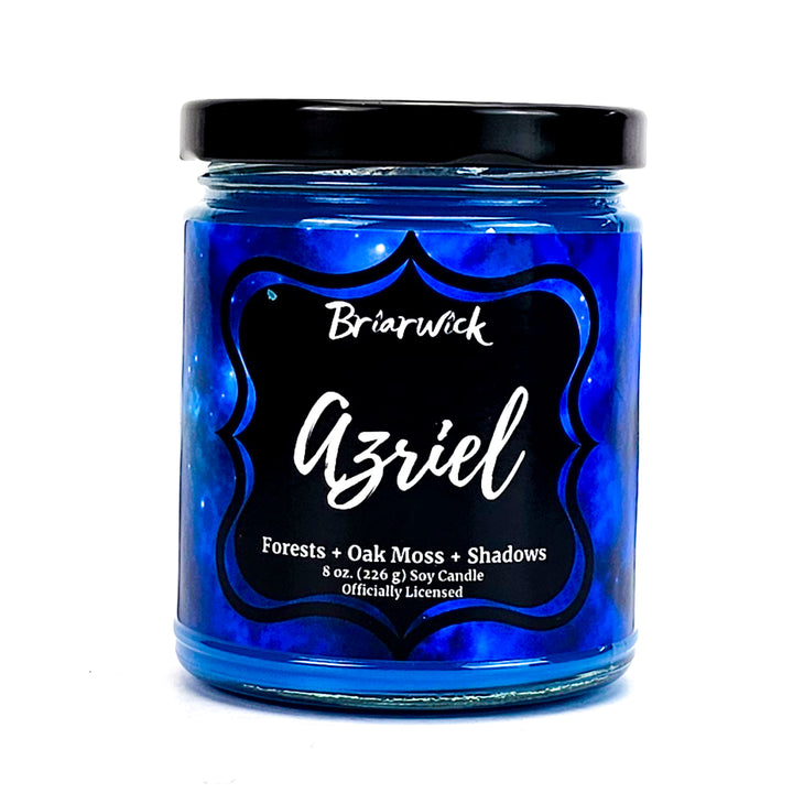 Azriel 8oz lapis candle with blue galaxy design on a white background
