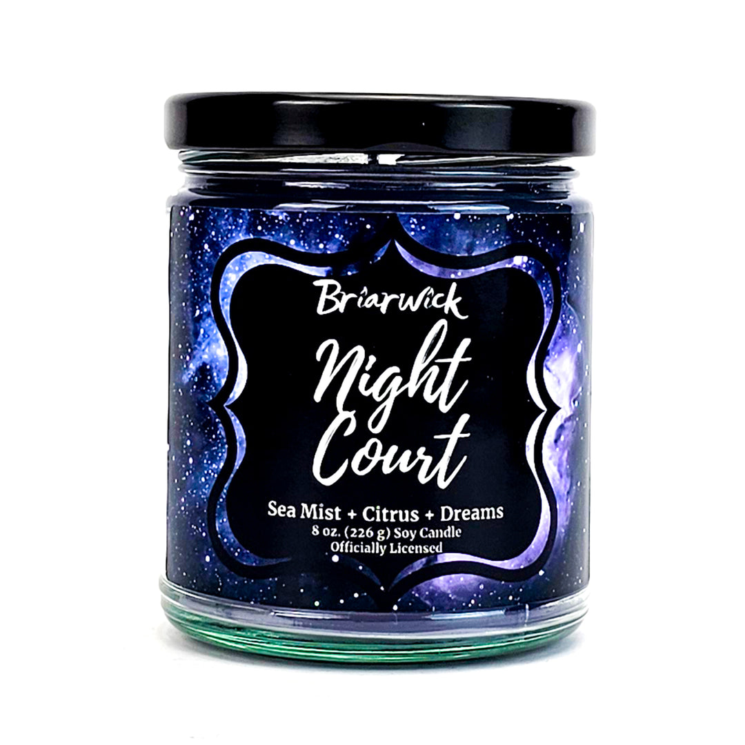Night Court 8oz gray candle with gray galaxy design on a white background