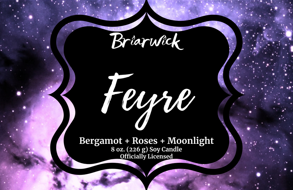 Feyre label with purple galaxy design