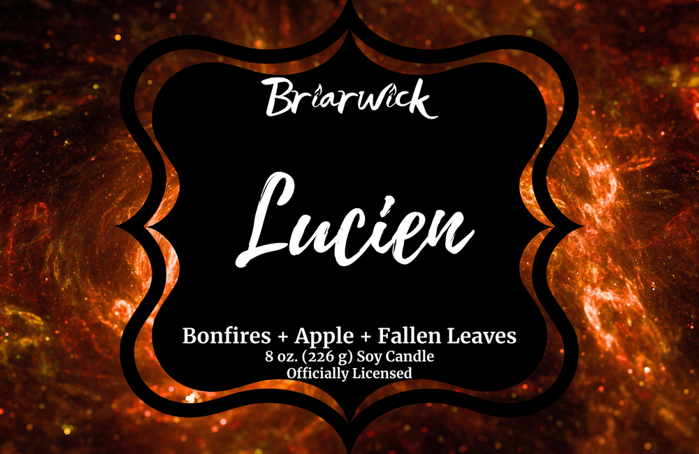 Lucien label with orange galaxy design