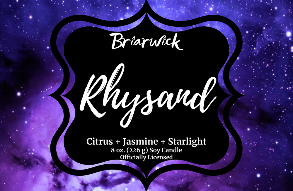 Rhysand label with purple galaxy design