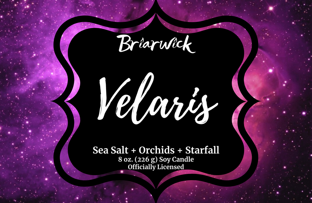 Velaris label with purple galaxy design