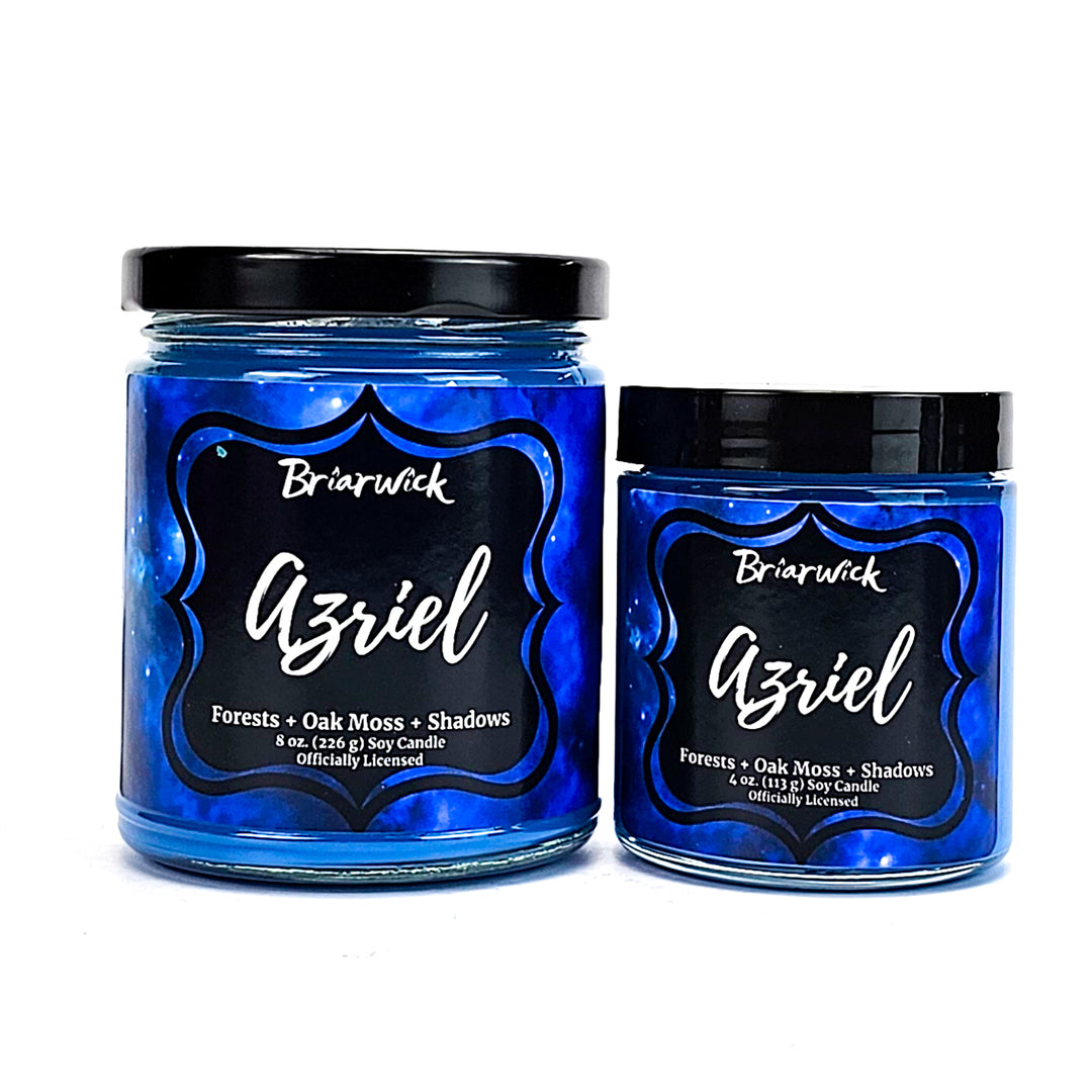Azriel 8oz & 4oz lapis candles with blue galaxy designs on a white background