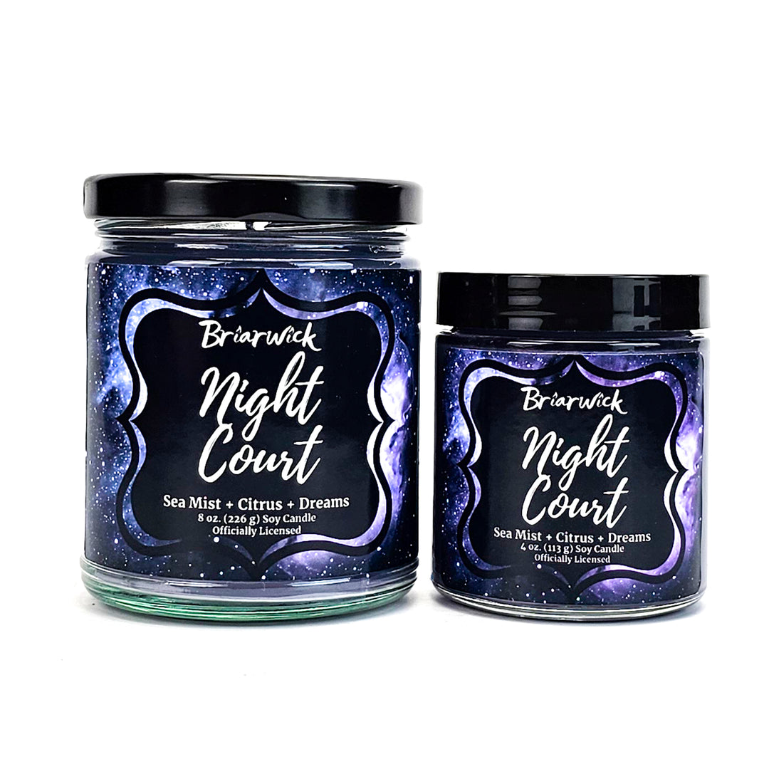 Night Court 8oz & 4oz gray candles with gray galaxy designs on a white background
