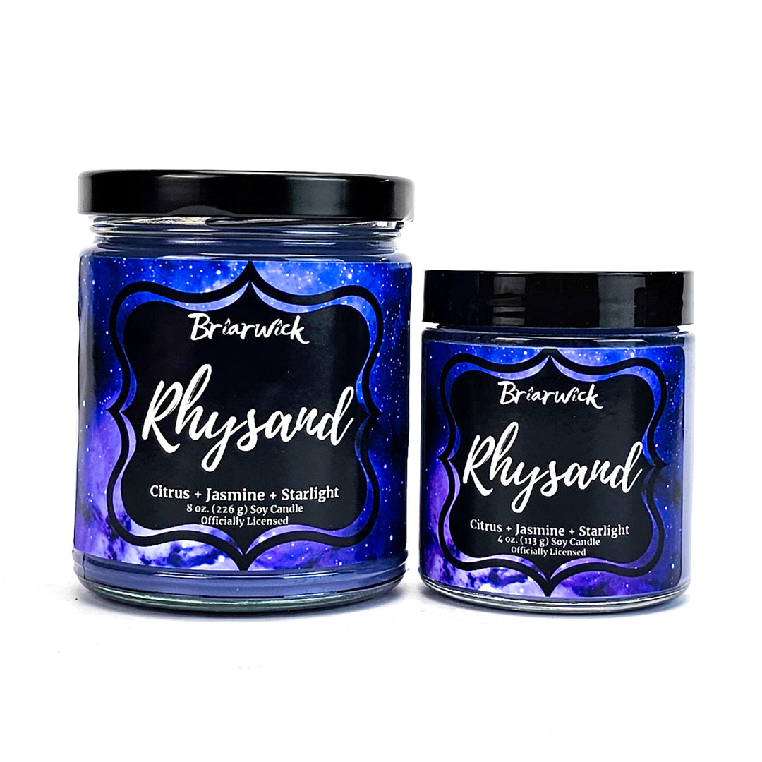 Rhysand 8oz & 4oz purple candles with purple galaxy designs on a white background