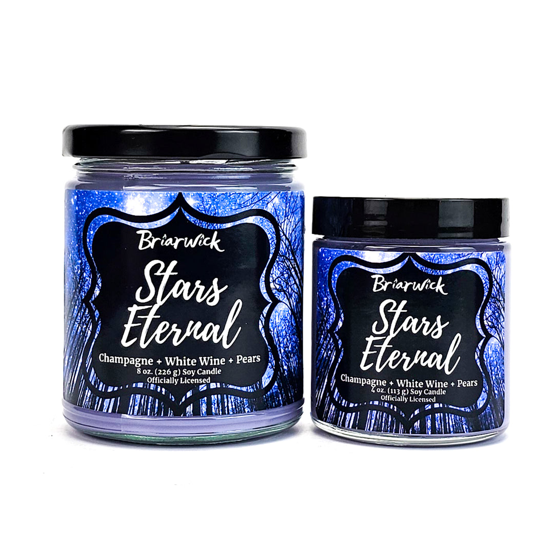Stars Eternal 8oz & 4oz pastel purple candles with purple star designs on a white background