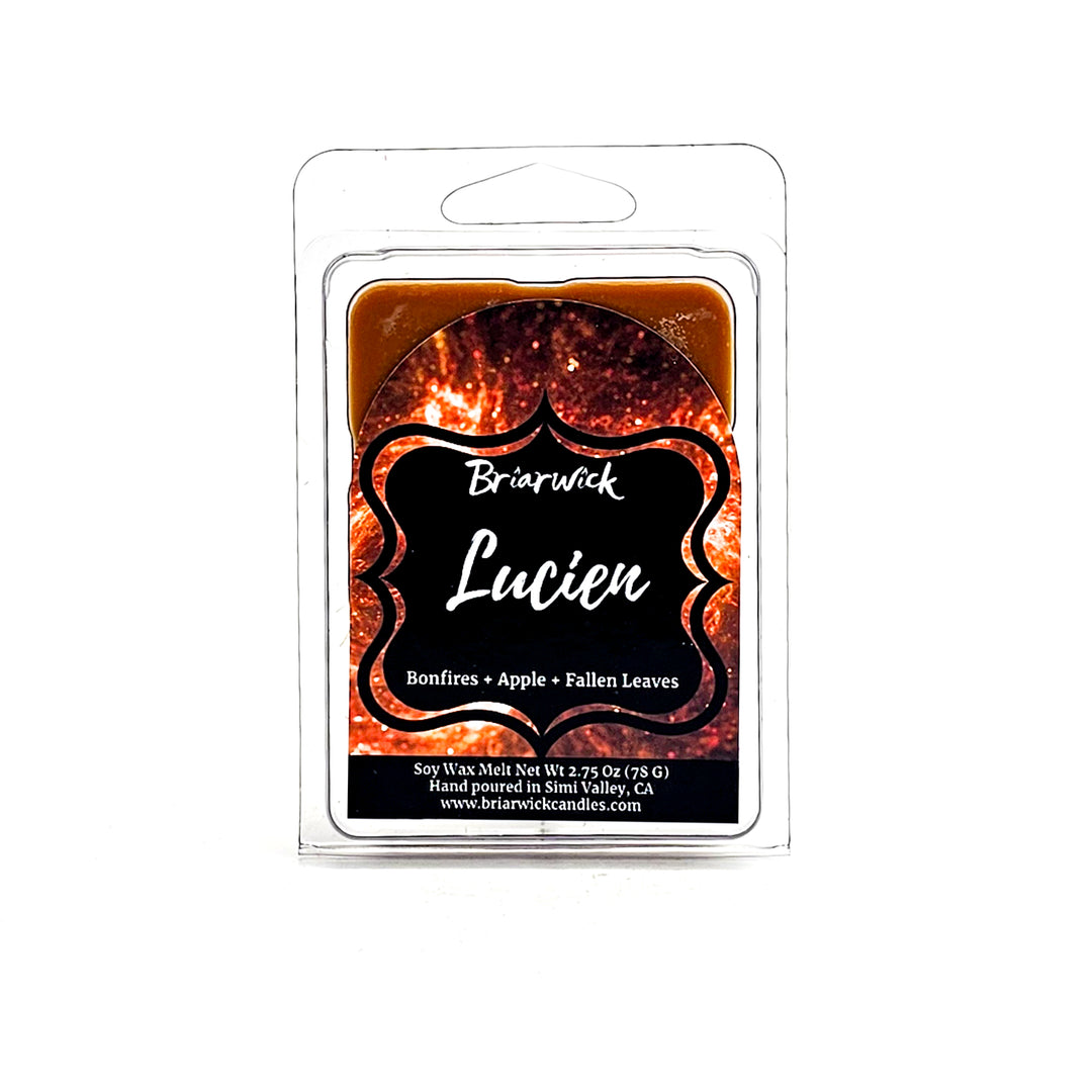 Lucien 2oz burnt orange Wax Melt with orange galaxy design on a white background