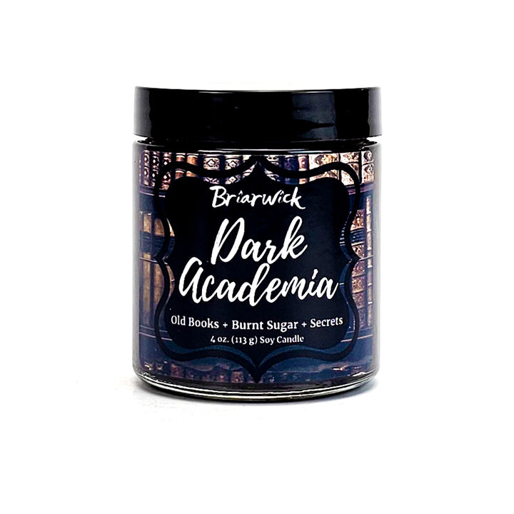 Dark Academia 4oz espresso candle with brown library design on a white background