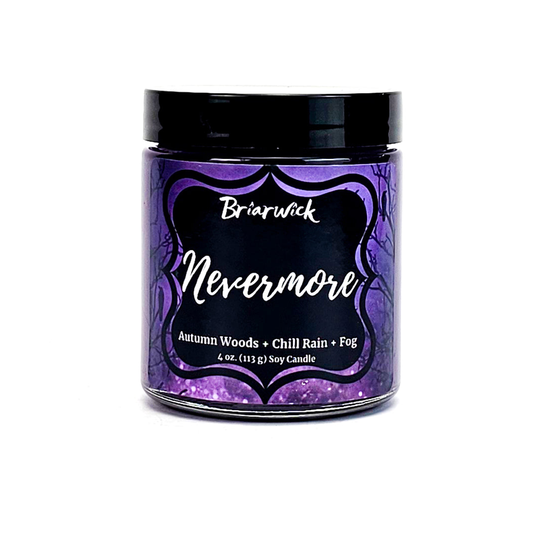 Nevermore 4oz plum candle with purple night sky design on a white background