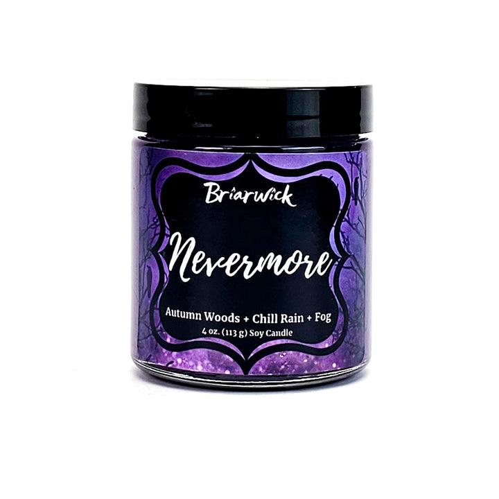 Nevermore 4oz plum candle with purple night sky design on a white background