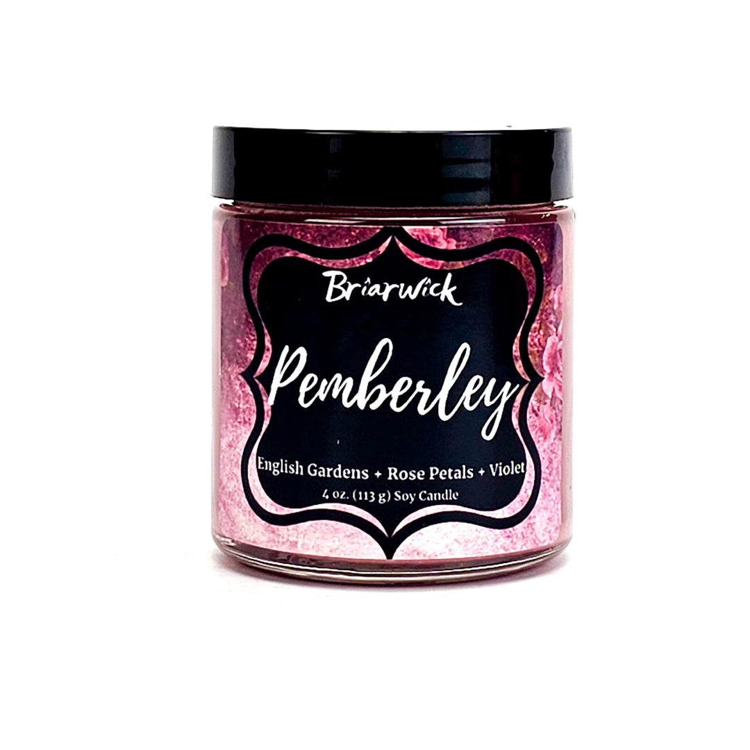 Pemberley 4oz pastel pink candle with pink floral design on a white background