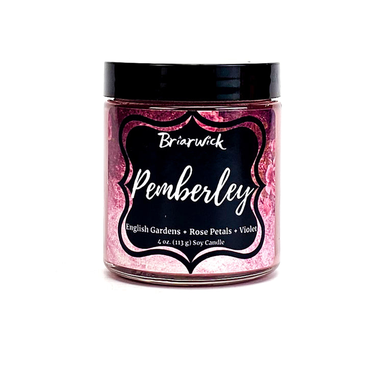 Pemberley 4oz pastel pink candle with pink floral design on a white background