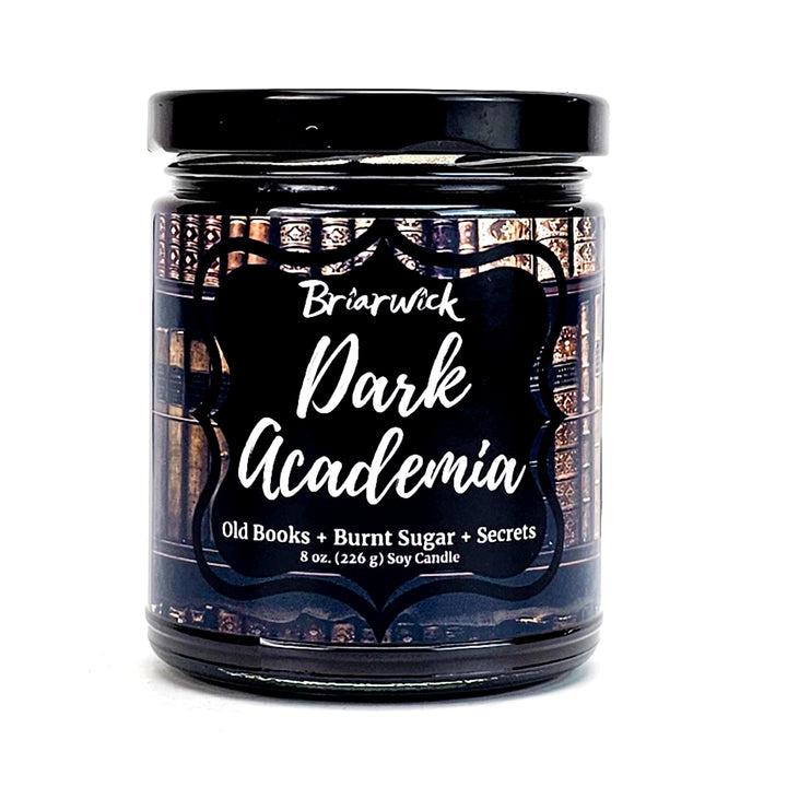 Dark Academia 8oz espresso candle with brown library design on a white background