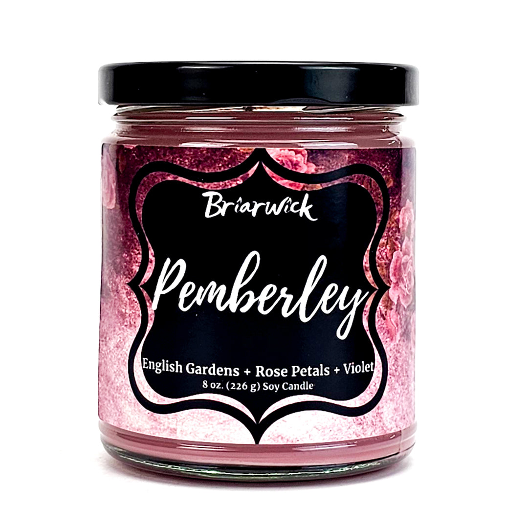 Pemberley 8oz pastel pink candle with pink floral design on a white background