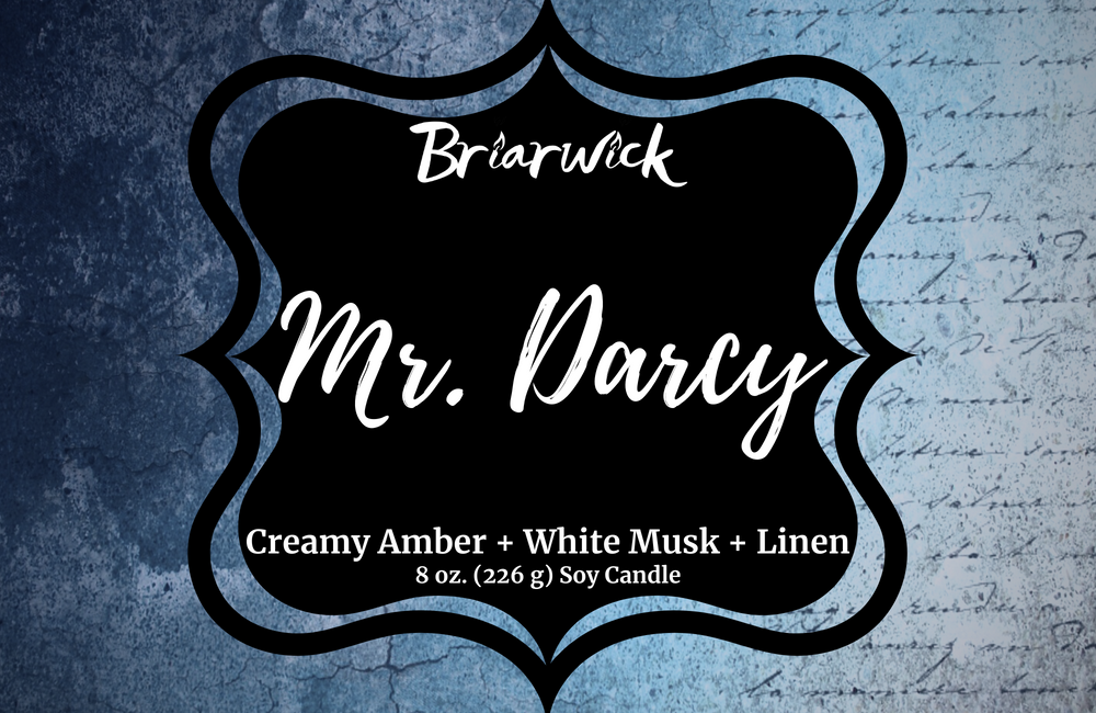Mr. Darcy label with blue parchment design